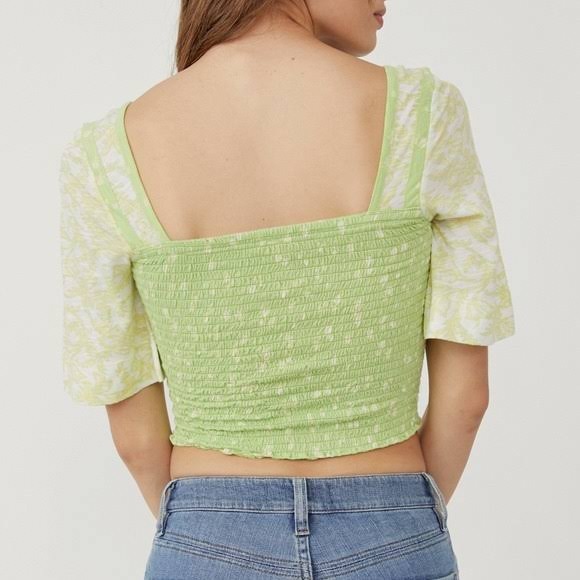 NWT Free People Key Lime Combo Print Smocked Top - Picture 5 of 11